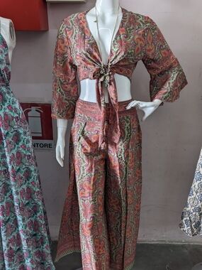 Boho Tie Crop Top & Wide-Leg Pants Set - Free Size